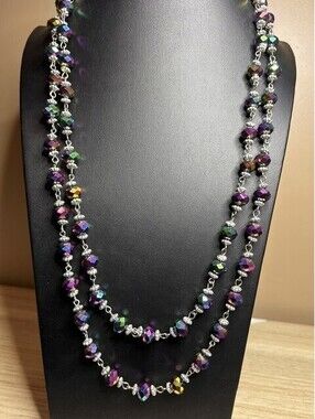 B6555 Cookie Lee Long Beaded Necklace Iridescent Aurora Borealis Purple 54"
